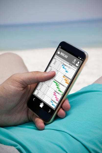 A close-up shot of a smartphone displaying a beach gear rental app interface. The app lists various items with prices and discounts.