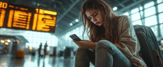 A person looking worriedly at their phone while standing next to a delayed departures board in an airport, with a suitcase at their feet.