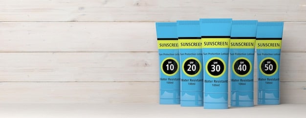 A close-up shot of different sunscreen bottles with varying SPF levels (15, 30, 50) displayed prominently on the labels. The focus is on the SPF numbers, highlighting the differences in protection levels.