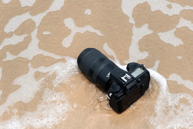 A close-up shot of a camera lens covered with a UV filter, demonstrating how to protect camera equipment from sand and saltwater spray, with a blurred beach background.