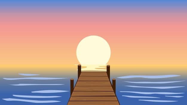 A beach scene with a wooden pier extending into the ocean, illustrating the use of leading lines to direct the viewer's eye towards the horizon, where the sun is setting.