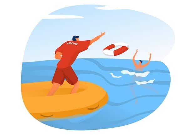 An illustration displaying the correct method of escaping a rip current: swim parallel to the shore until out of the current, then swim at an angle back to the beach. Arrows show the swimmer's path, and the rip current is clearly marked.