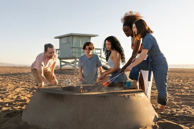 A group of adults enthusiastically participating in a beach scavenger hunt, searching through the sand and laughing as they find hidden items. The scene captures the excitement and camaraderie of the game.