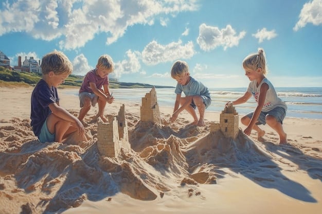 Three kids are collaboratively building an elaborate sandcastle on a sunny beach. They are using buckets, shovels, and other tools, and are clearly focused and enjoying their activity. A sparkling ocean is visible in the background.