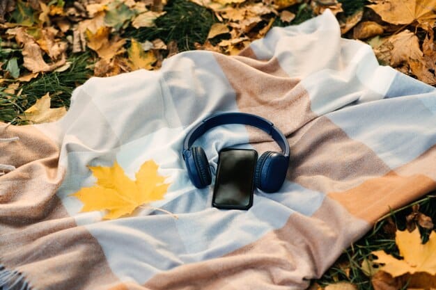A pair of wireless headphones sitting on top of a book on a beach towel. The ocean is visible in the background, and the sun is shining brightly. The scene conveys relaxation and the enjoyment of audiobooks at the beach.