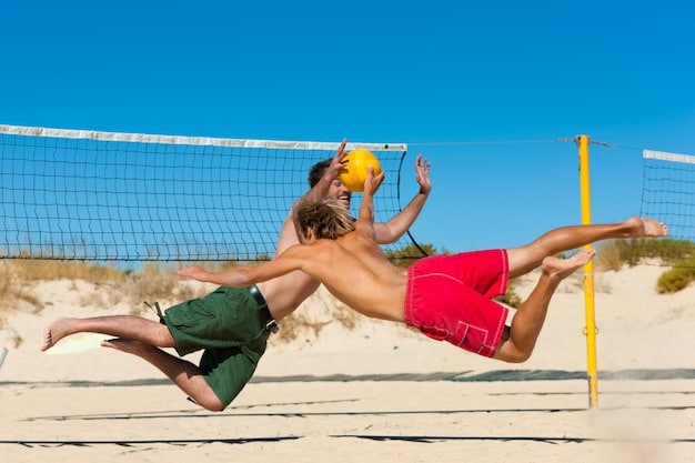 Two beach volleyball players in mid-air: one spiking with power, the other expertly setting the ball, demonstrating offensive teamwork. The background is a sunny beach scene.