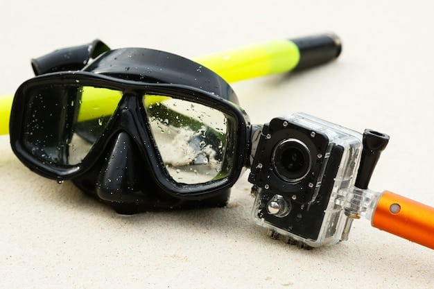 Close-up of a snorkel mask with a GoPro mount attached, showcasing how underwater photographers integrate camera equipment with their snorkel gear. Focus on the mount and the clear visibility through the mask.