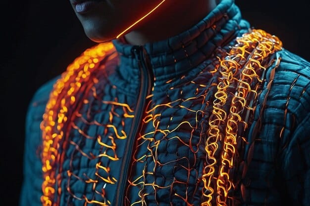 Close-up of a stinger suit made from a high-tech, flexible fabric, showcasing its texture and form-fitting design, with a person wearing it partially visible in the background.