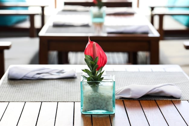 A close-up shot of a beautifully decorated dining table at a high-end beach resort restaurant, featuring gourmet dishes, fine wine glasses, and elegant tableware. The background subtly shows the ocean view and soft lighting, enhancing the luxurious dining experience.