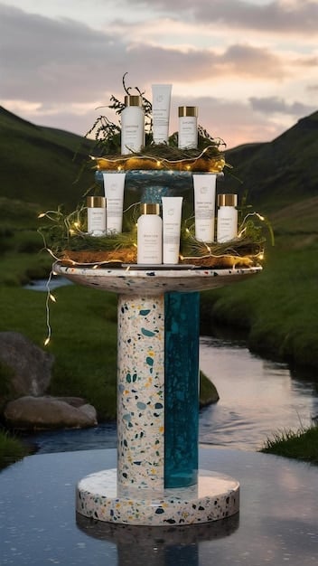A beautiful display of various skincare and aromatherapy products in a luxury resort spa, featuring natural ingredients, soothing colors, and soft lighting. A serene and inviting space that promotes relaxation and well-being.