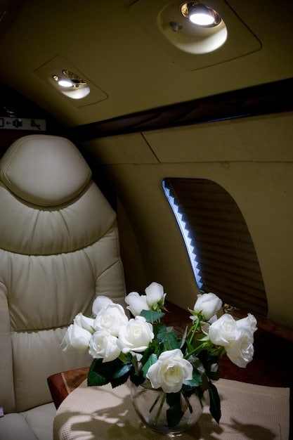 Interior of a luxury helicopter, showing plush leather seats, panoramic windows, and a champagne bottle on a small table. The image focuses on the comfort and elegance of the helicopter cabin.