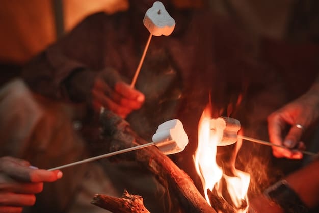 A group of friends laughing and toasting marshmallows around a crackling bonfire on a sandy beach at night. The faces are illuminated by the warm glow of the fire, creating a sense of joy and camaraderie. In the background, soft fairy lights twinkle in the trees, adding to the magical ambiance.