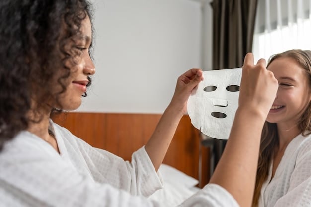 A close-up shot of a therapist applying a facial mask to a client in a luxury beach resort spa. The mask is made from natural, locally sourced ingredients, such as seaweed and tropical fruit. The client's eyes are closed, and their expression is serene and relaxed. Soft lighting and plush towels create a soothing atmosphere.