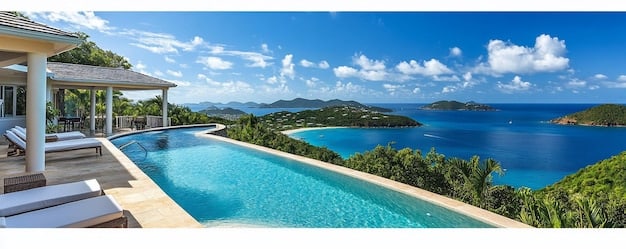 A luxurious beachfront villa with a private plunge pool overlooking the ocean. The villa is decorated with romantic touches, such as candles and flowers, and a couple is seen relaxing on lounge chairs, enjoying the view.