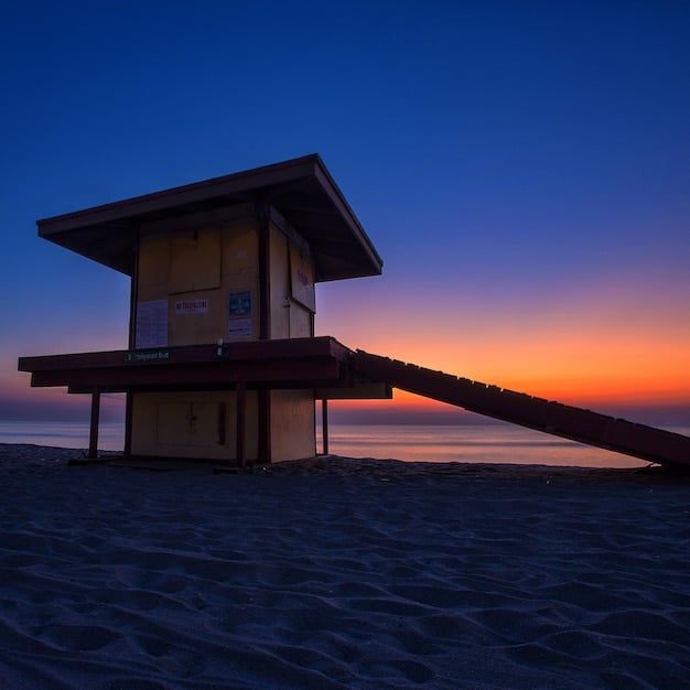 A wide shot of a nearly empty beach at a luxury resort during sunset. Only a few people are visible in the distance, walking along the shoreline. The sky is ablaze with vibrant colors, reflecting in the calm ocean. The overall impression is one of tranquility and serenity.