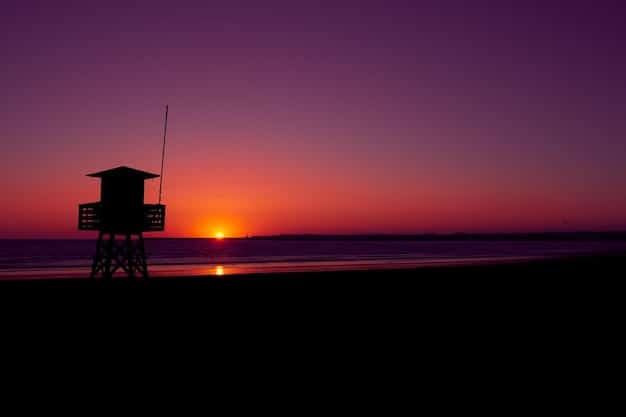 A colorful sunset over South Padre Island, Texas. The photo captures the vibrant sky reflecting on the calm waters with silhouettes of beach umbrellas and people enjoying the evening.