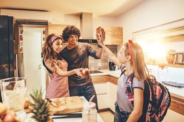 A group of students relaxing in a vacation rental, cooking in the kitchen, and laughing together. The rental is bright and spacious.