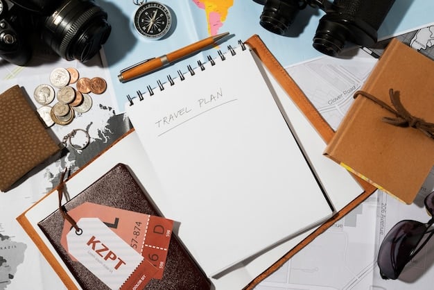 A close-up of a detailed handwritten budget plan laid out on a wooden table, surrounded by travel brochures, a map, and a calculator.