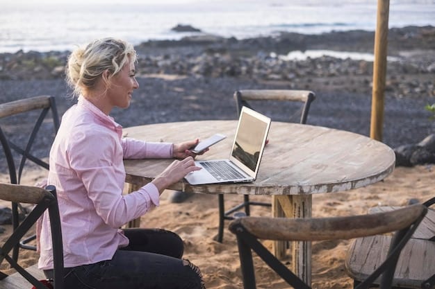 A detailed shot of a senior woman using a laptop, searching for travel deals and discounts on a travel website, with a beach landscape visible in the background.