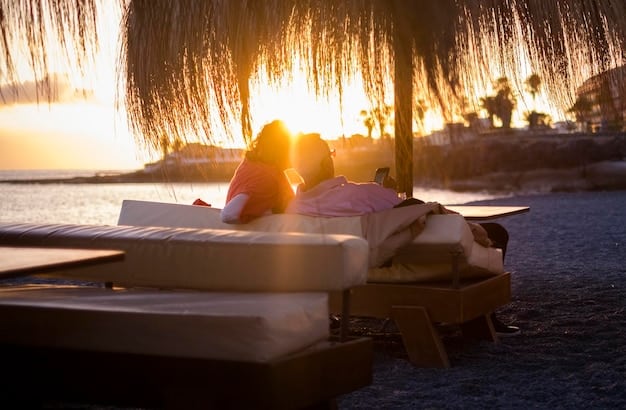 A couple relaxing in hammocks on a beach, enjoying the sunset. The scene is tranquil and romantic, with soft, warm lighting. The hammocks are strung between palm trees, and the ocean is visible in the background.