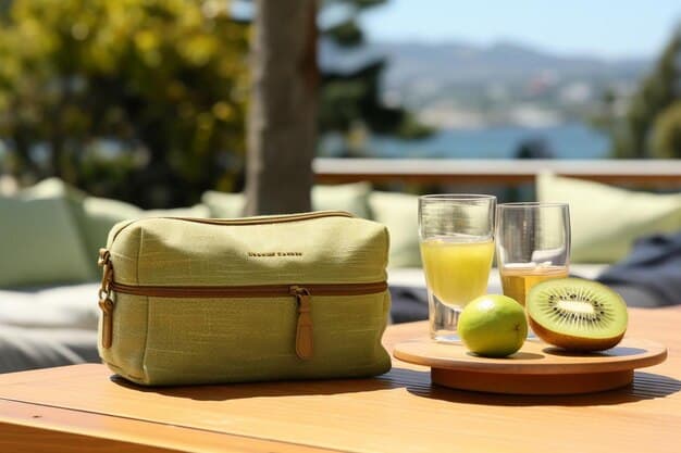 A close-up of a modern, sleek soft-sided cooler bag with a leak-proof zipper, filled with ice, refreshing drinks, and fresh fruit, surrounded by beach towels and sand.