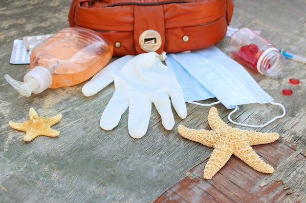 A neatly packed beach bag with sunscreen, a wide-brimmed hat, water bottles, and first aid supplies visible.