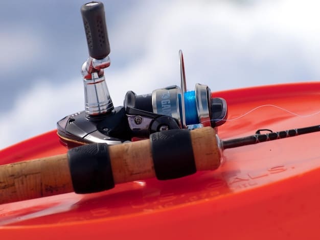 A close-up shot of a well-organized kayak fishing cockpit, showing neatly arranged rods, reels, and tackle boxes, highlighting efficiency.