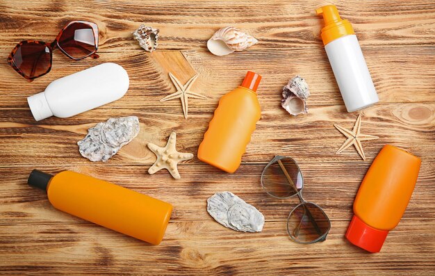 A variety of sunscreen bottles and tubes, some labeled 