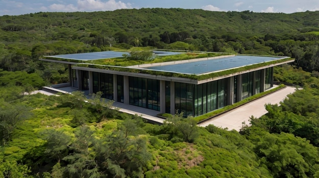 Architectural rendering of a new luxury resort incorporating sustainable design elements like green roofs, solar panels, and water-reclamation systems, blending harmoniously with a coastal landscape at sunset.
