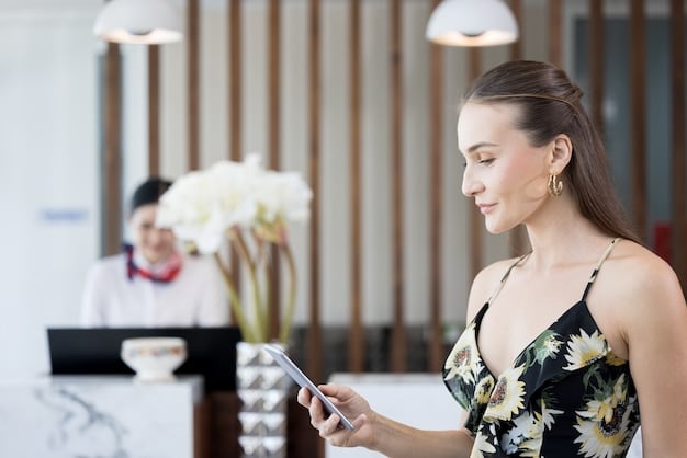 An elegant resort lobby with a concierge desk, implying direct interaction and personalized service for managing bookings and special requests.