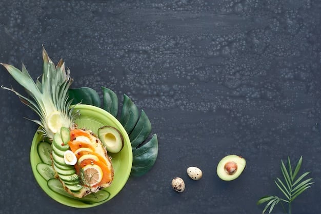 A detailed flat lay of a gourmet, plant-based meal featuring vibrant, fresh ingredients and exotic fruits, perfectly arranged for health and aesthetic appeal.