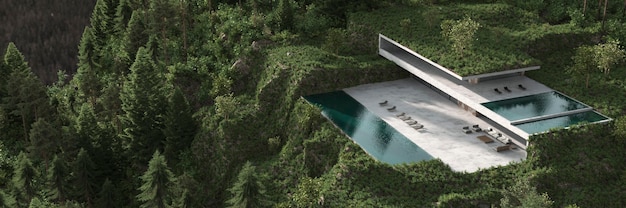 Architectural rendering of an elevated luxury resort villa on stilts, designed with modern, sustainable materials, blending into a coastal landscape with resilient vegetation.