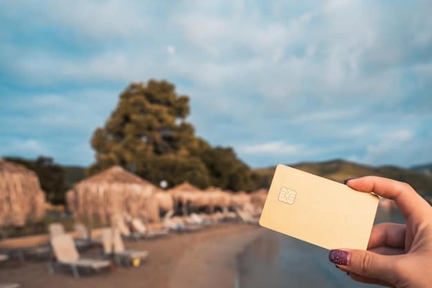 A detailed close-up of a hotel loyalty program membership card with a blurry background of a luxurious beach resort lobby, emphasizing elite status benefits.