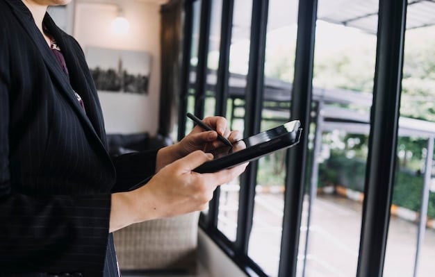 A resort staff member demonstrating a secure mobile check-in process on a tablet, showcasing modern digital security features, set against a backdrop of a discreetly opulent lobby area.