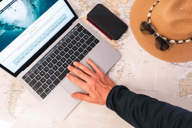 A close-up of hands typing on a laptop with images of tropical beaches on the screen, showing various tabs open for flight and hotel searches, representing detailed research for budget travel.