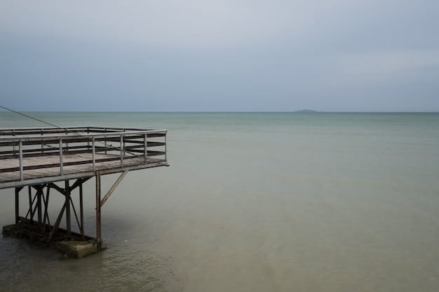 A peaceful scene on the Mississippi Gulf Coast with a wooden pier extending into calm waters, and a gentle sandy beach, under a partly cloudy sky, conveying tranquility.