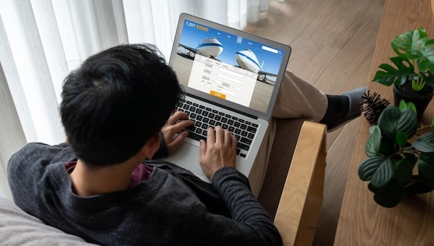 A person looking intently at a laptop screen, researching flight and hotel prices on various travel comparison websites, with graphs and booking options visible. The focus is on smart, digital trip planning.