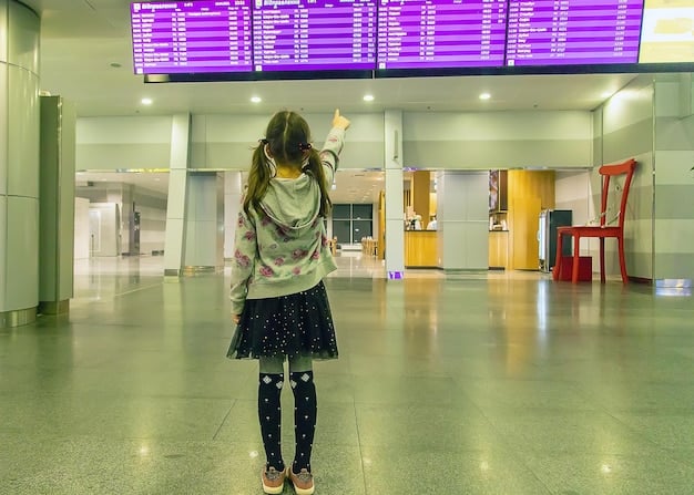 A brightly lit airport terminal with travelers pulling suitcases, a large departures board showing flights to various US coastal cities, conveying the excitement of beginning a beach trip.