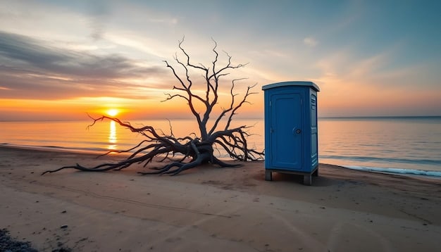 A serene beach scene with a few palm trees and calm turquoise water during sunrise, depicting the tranquility and lower costs of off-peak travel for a student beach trip.