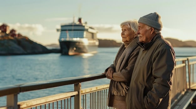 A senior couple happily boarding an Amtrak train, their luggage ready for a journey, with a coastal landscape subtly visible in the background, conveying accessible travel.
