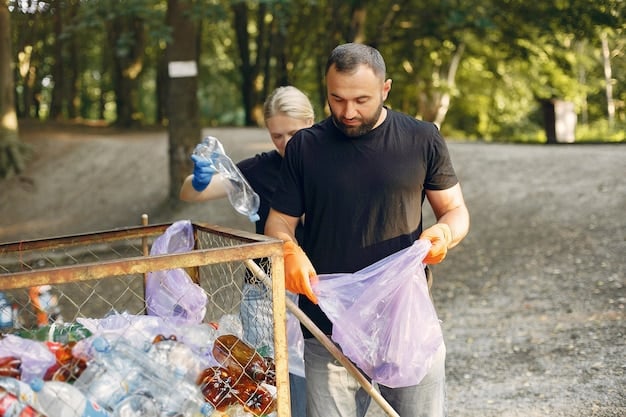 Volunteers of all ages, equipped with gloves and trash bags, meticulously picking up plastic bottles and fishing nets from a sandy beach, with calm ocean waves in the background, showcasing dedication to coastal cleanup.