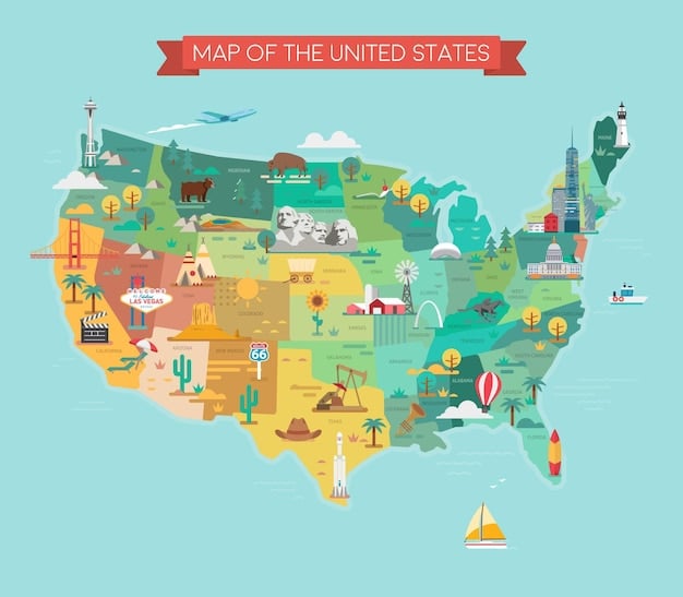 A map of the US highlighting various coastal regions in different colors, with small icons indicating potential volunteer activities like sea turtles, tree planting, and beach cleanups, emphasizing diverse opportunities.