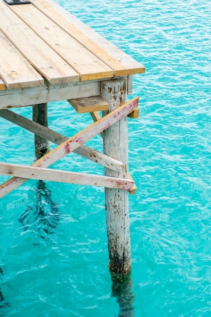 A long, wooden pier stretching out over calm, turquoise ocean water under a clear blue sky, with a few people fishing peacefully at the end of the pier. The foreground shows a sandy beach with gentle waves.
