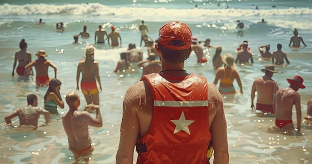 A detailed map of a beach showing emergency exits, lifeguard tower locations, first aid stations, and marked swimming zones, with people studying it intently.