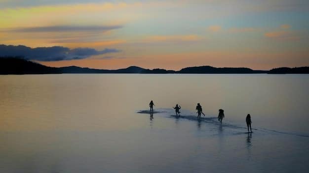 A group of paddleboarders wisely navigating a winding river, staying close to the riverbank to minimize exposure to strong currents.