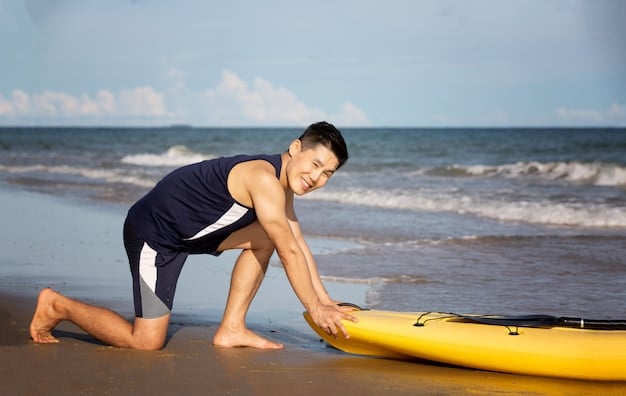A paddleboarder demonstrates incorrect paddle technique, hunching over with bent arms, struggling to keep the board straight on slightly choppy water.