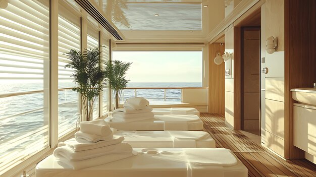 A beautifully appointed spa treatment room at The St. Regis Bal Harbour, featuring large windows overlooking the ocean, soft lighting, and elegant, minimalist decor.